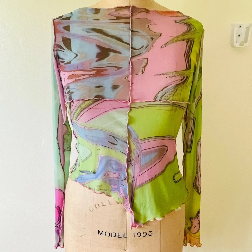 NWOT Paloma Lira psychedelic sheer asymmetrical top XL - Picture 3 of 11